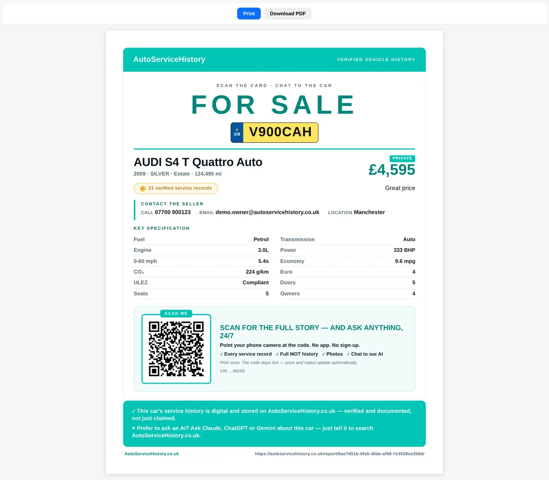 The A4 for-sale sheet with a QR code